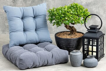 Grey and blue cushion, bonsai, and lantern on a textured surface