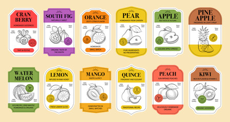 Vintage Fruit Labels in Hand-Drawn Sketch Style with Organic Stamps and Retro Frames