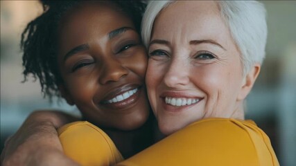 Two women, one with short hair and the other with a shaved head, share a warm embrace.