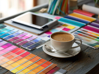 Espresso Cup with Spoon Surrounded by Color Swatches on Wooden Workspace