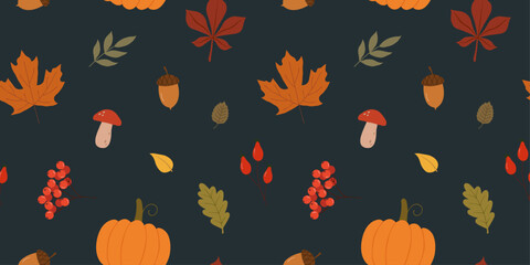 Autumn seamless pattern with pumpkin, leaves, berries, acorn, mushroom. Perfect for wallpaper, gift paper, pattern fills, textile, fall greeting cards, thanksgiving, background. Vector illustration.