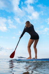 Paddleboarder gliding side by side in open water