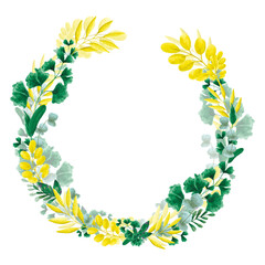 Hand drawn watercolor leaves and herbs wreath frame border isolated on white background. Can be used for card invitation and other printed products.