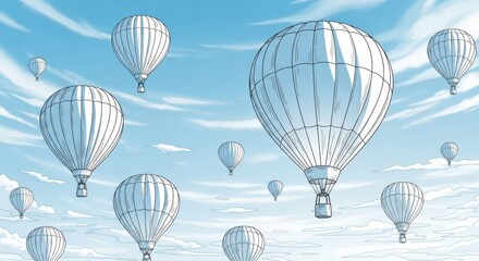 Serene Flight: Many White Hot Air Balloons Soaring Through a Dreamy Sky