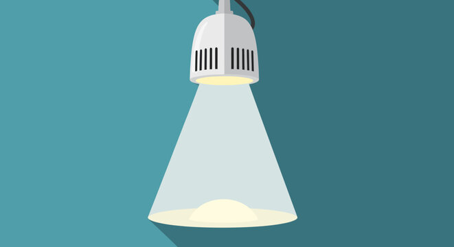 Minimalist graphic design of a hanging spotlight shining on a clear teal background illustration featuring soft light and subtle shadow adding depth