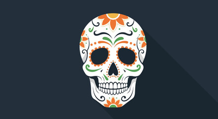 Vibrant and Graphic Sugar Skull Illustration with Shadow on Dark Blue Background