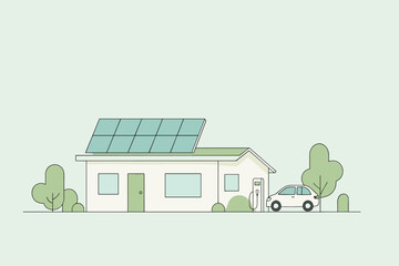 Eco-Home: Minimalist vector art featuring a house with solar panels and an electric car. Sustainable living. Renewable energy illustration.
