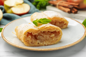 Pieces of tasty apple strudel with powdered sugar, mint, fruit and cinnamon on white marble table,...
