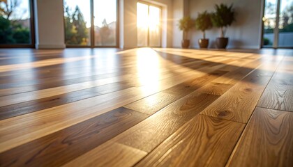 Home decor concept, wooden laminate floor boards background image, varnished wooden board, shiny polished wood parquet floor taken with low angle