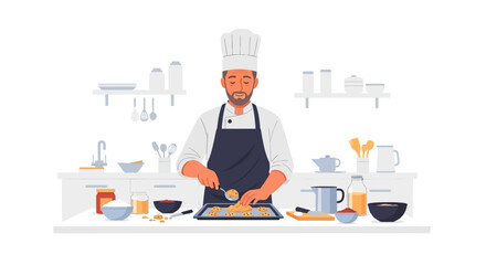 Chef preparing cookies in modern kitchen, showcasing baking expertise and culinary craftsmanship, creating delightful treats in pristine environment