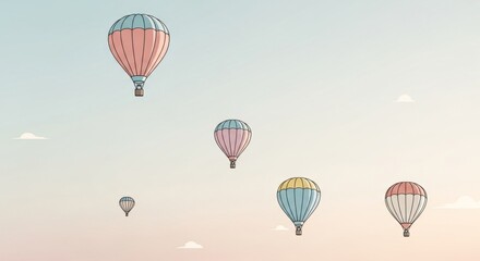 Pastel Hot Air Balloons Floating in a Serene Sky: Dreamy Illustration