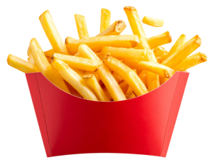 A classic box of golden-brown french fries, ready to be enjoyed, Crispy Golden French Fries in Red Cardboard Container, french fries ,French fries in paper bag.