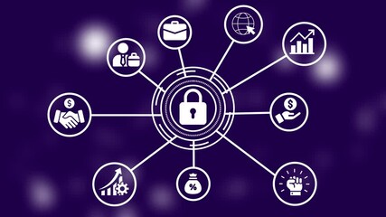 Cybersecurity technology concept with lock and related icons on a purple background - Powered by Adobe
