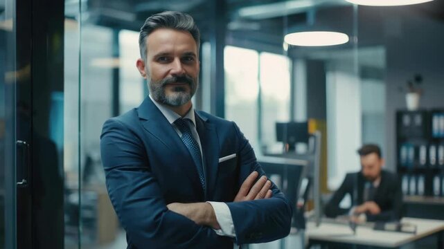 A man in a business suit stands confidently with his arms crossed, suggesting professional competence and strong work ethic.