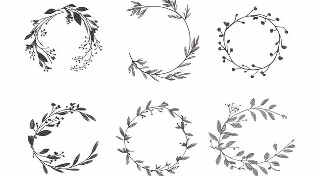 A collection of six ornamental branches and leaves in a woodcut print style, featuring laurel wreaths and botanical s.
