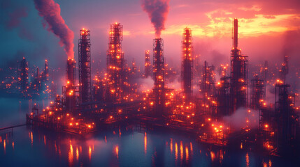 Create a cyber-industrial depiction of a crane in a neon-lit industrial site