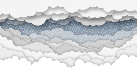Papercut Style Rainy Cloudscape: Dramatic Sky with Falling Rain