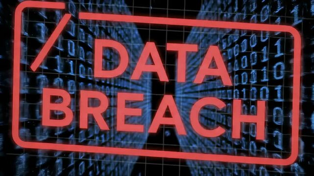 Red neon text "DATA BREACH" on a grid of binary code
