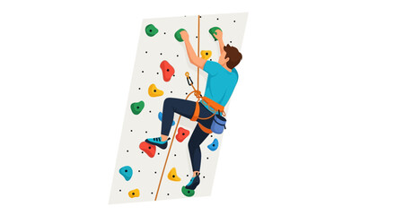 Determined climber ascending a challenging indoor wall with vibrant holds and safety equipment for recreation and training illustration