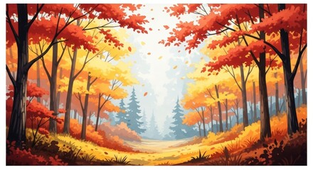 Autumn Forest Path: Vibrant Fall Foliage and Golden Sunlight