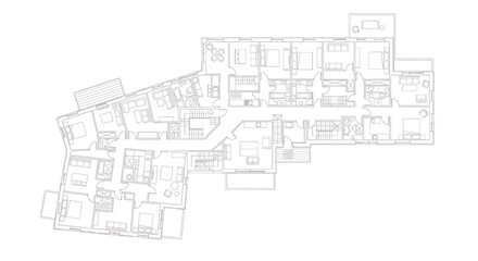 Detailed Architectural Floor Plan Blueprint Showcasing Interior Layout of a Complex Residential Building with Multiple Rooms and Features