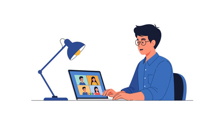Illustration of a man attending a virtual meeting, showcasing remote collaboration and online communication in a work from home setting