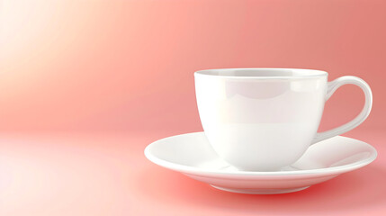 Obraz premium A blank white coffee cup with a matching saucer on a gradient coral background with soft highlights leaving the upper-right blank for text overlay elegant branding style 