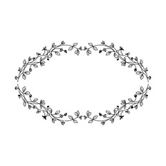 Oval frame with floral vines and leaves in black and white line drawing