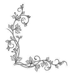 Corner floral design with leaves and berries in black and white outline