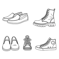 A line drawing of four different types of shoes on a white background