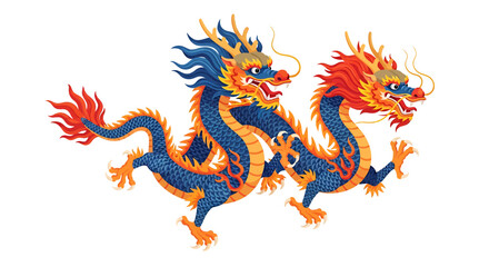 Double the mystical might: Two stylized chinese dragons dance in vibrant complementary hues, a powerful expression of luck and prosperity