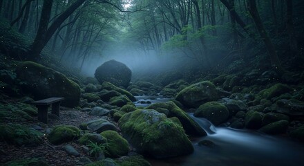 Mystical evening in a serene forest with a stream and glowing fireflies
