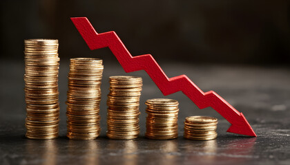 Red down arrow. Stack of gold coins, steps down. Money loss concept
