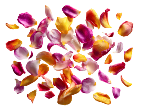 Colorful flower petals flying in the air isolated on transparent background