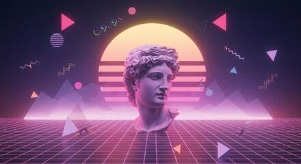 Vaporwave style image featuring a classical bust against a sunset backdrop with geometric shapes and a grid floor.