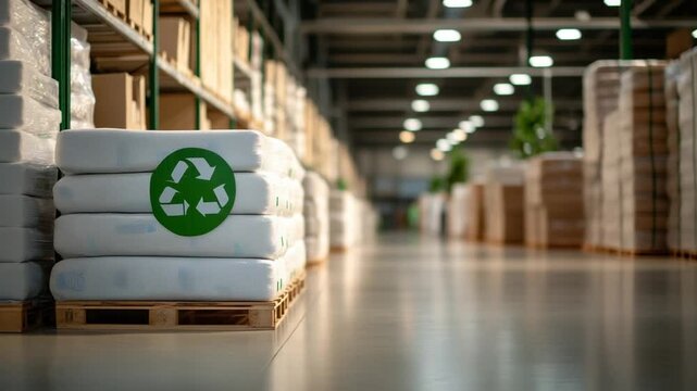 Eco-friendly storage facility featuring green signage and a focus on sustainable recycling with stacks of reusable mattresses.