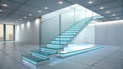 Modern interior with a glass staircase and concrete walls. Bright lighting enhances the sleek design. Open space with large windows.