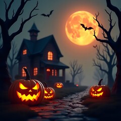 3D Halloween Background with Haunted House, Evil Pumpkins, and Spooky Forest Night Scene