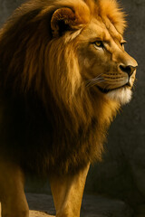 Obraz premium A majestic portrait of a male lion in profile, showcasing his impressive mane and powerful presence. The warm lighting enhances the texture and detail of his fur, highlighting the strength and beauty 