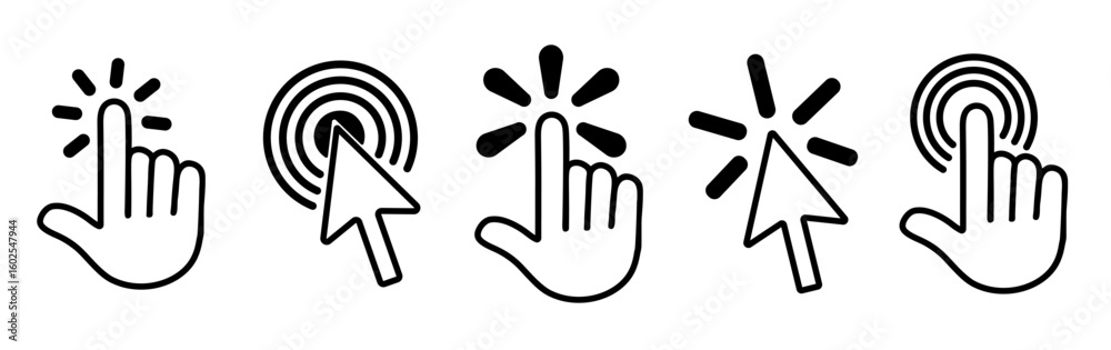 Aufkleber Click here icons set. Computer mouse click cursor and click with hand cursor collection.Vector minimalist design