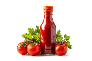 Bright red catsup gleams like a ruby amid fresh herbs—nature's ketchup cocktail.