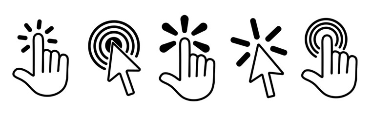 Click here icons set. Computer mouse click cursor and click with hand cursor collection.Vector minimalist design