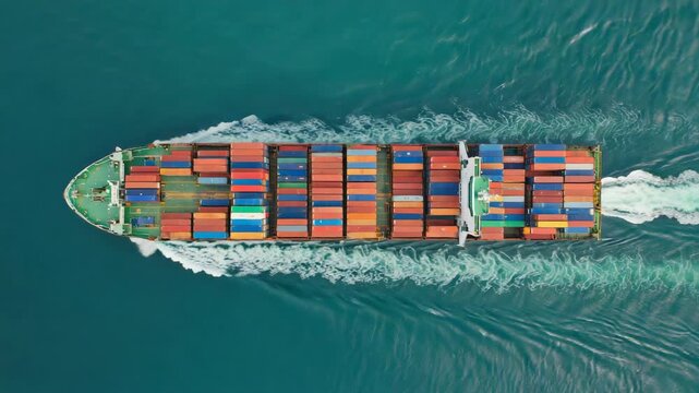 Aerial View of Cargo Ship on Ocean: Global Shipping and Logistics Concept