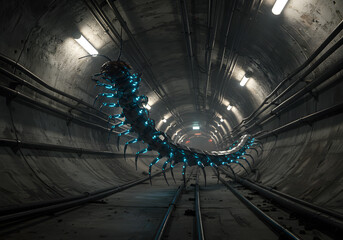 Giant glowing centipede in sci fi tunnel
