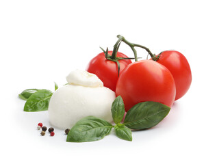 Tasty mozzarella cheese ball, tomatoes, basil and peppercorns isolated on white