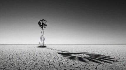 Monochrome windmill standing alone on dry, cracked earth casts a long shadow