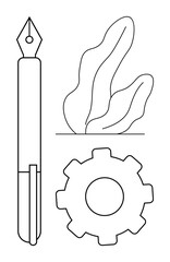 Fountain pen, gear icon, and abstract leaf design convey themes of creativity, technology, and sustainability. Ideal for writing, innovation, eco-technology, design thinking engineering conceptual