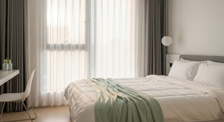 Fototapeta premium Serene Bedroom Interior with Soft Light and Minimalist Design Creating a Relaxing Ambience