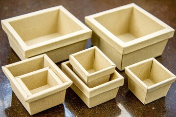 Stacked, light beige cardboard boxes of varying sizes