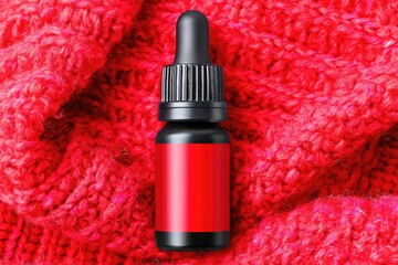 Small black bottle with red label, resting atop a vibrant red knitted fabric